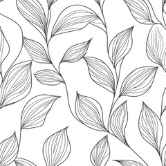 Seamless Black and White Floral Line Art Pattern with flower and Leaves