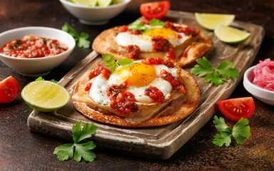 Huevos Rancheros tostadas with fried egg, tomato salsa, bean paste and cheese on wooden board