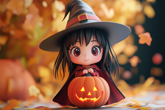 Boneca fofa de Halloween com chap&eacute;u de bruxa e ab&oacute;bora iluminada, vestido com saia preta e detalhes coloridos, cabelo castanho e loiro, criada por IA generativa