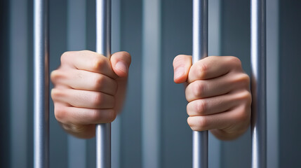 Hands grasping metal bars in a prison cell during nighttime, highlighting confinement and solitude