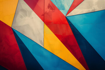 A colorful abstract painting with a red, yellow, and blue triangle