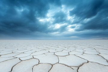 Vast cracked desert landscape under dramatic sky with clouds before dusk