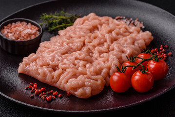 Fresh raw chicken mince with salt, spices and herbs