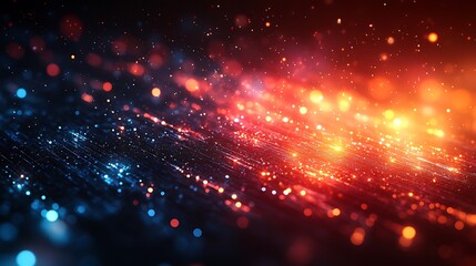 Fototapeta premium Abstract background with red and blue glowing particles on a dark background.