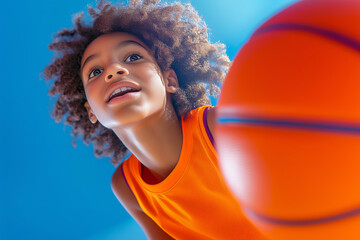 Young child joyfully practicing basketball under a clear blue sky during sunny afternoon