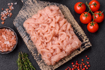 Fresh raw chicken mince with salt, spices and herbs