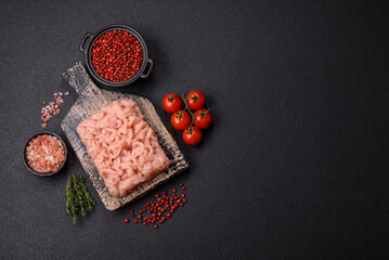 Fresh raw chicken mince with salt, spices and herbs