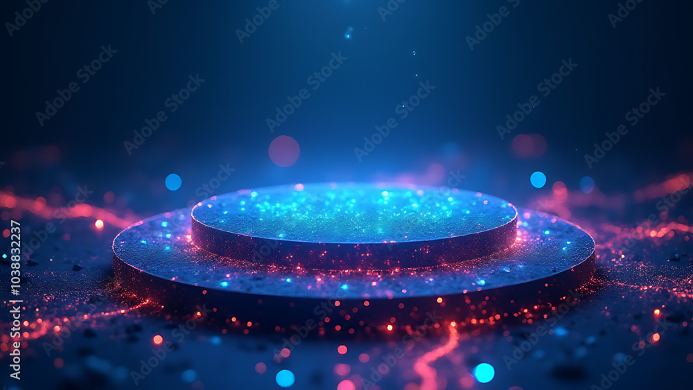 Poster A futuristic podium features glowing growth data paths on a floating AI neural network platform with ample space for business content.