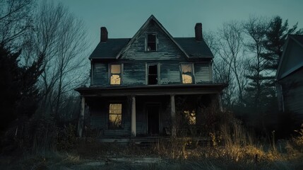 A mysterious abandoned house where various urban legends manifest, featuring ghostly figures, shadowy creatures, and flickering lights that create an atmosphere of suspense and terror 
