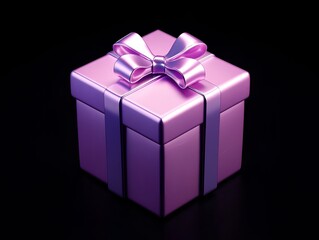 Fototapeta premium Pink Gift Box with Shiny Ribbon and Bow on Black Background for Celebrations and Special Occasions.