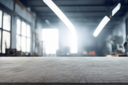 blurred background of factory and empty steel tabletop in foreground. Business presentation