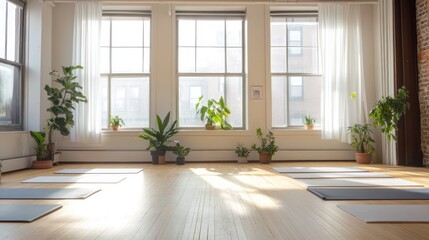 Fototapeta premium A serene yoga studio with mats and plants, inviting relaxation and mindfulness.