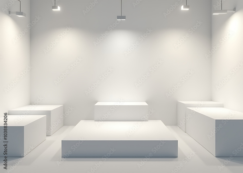 Poster a minimalist display features white platforms and soft ambient lighting for an understated aesthetic