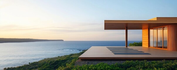 Fototapeta premium Scenic yoga deck overlooking the ocean, early morning light and serene surroundings