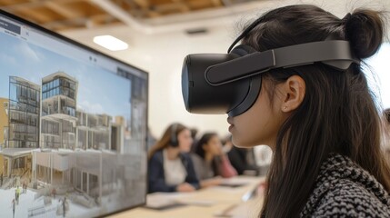 A person using virtual reality to explore architectural designs in a collaborative setting.