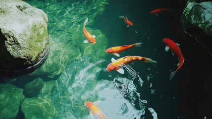 Vibrant orange koi fish swimming gracefully in a serene pond with clear water.