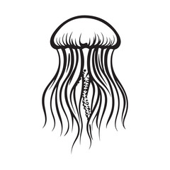 Black vintage silhouette jellyfish icon logotype and vector illustration, Jellyfish vector for logo or icon, coloring page for kids, line art, black and white