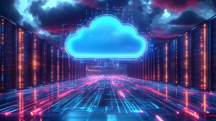 Obraz premium Futuristic Cloud Computing Network Servers. Digital illustration of cloud computing infrastructure with vibrant blue neon lights and futuristic data servers.