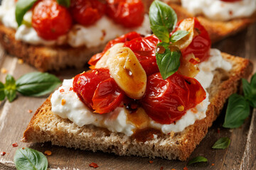 Cottage cheese and roasted tomatoes sourdough bread toast on a wooden board.