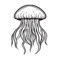 Black vintage silhouette jellyfish icon logotype and vector illustration, Jellyfish vector for logo or icon, coloring page for kids, line art, black and white