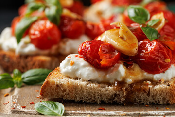 Cottage cheese and roasted tomatoes sourdough bread toast on a wooden board.