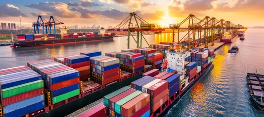 Aerial perspective of a vibrant shipping port filled with containers, trucks, and vessels
