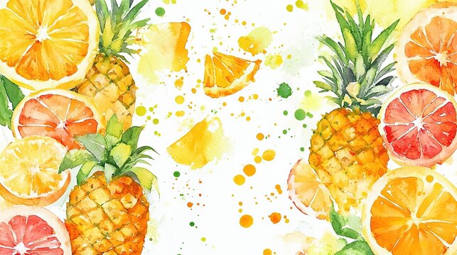 Colorful watercolor artwork featuring pineapples and citrus fruits against a bright background
