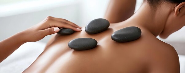 Woman receiving a hot stone massage, smooth stones on her back, spa therapy focus