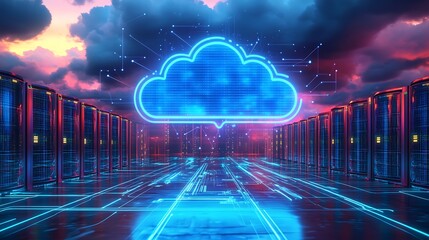 Futuristic Cloud Computing Network Servers. Digital illustration of cloud computing infrastructure with vibrant blue neon lights and futuristic data servers.