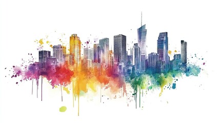 Fototapeta premium Colorful watercolor skyline of a vibrant city with tall buildings and splashes of artistic hues