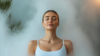 Obraz premium Woman relaxing in an aromatherapy steam room, surrounded by mist and calming scents