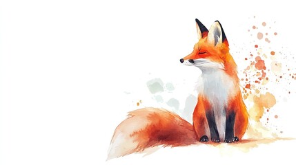 Obraz premium A serene fox resting in a colorful watercolor style with soft splashes of orange and yellow hues on a light background