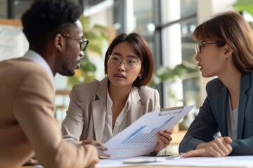 Diverse business team discusses strategy in a modern office setting during a productive work session