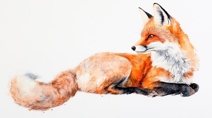 Obraz premium A serene fox resting in a colorful watercolor style with soft splashes of orange and yellow hues on a light background