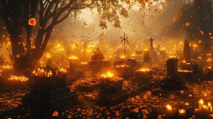 Fototapeta premium A mystical scene in a candlelit cemetery, where the spirits of the dead move gently among glowing altars, the candles flickering with supernatural energy 