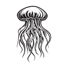 Black vintage silhouette jellyfish icon logotype and vector illustration, Jellyfish vector for logo or icon, coloring page for kids, line art, black and white