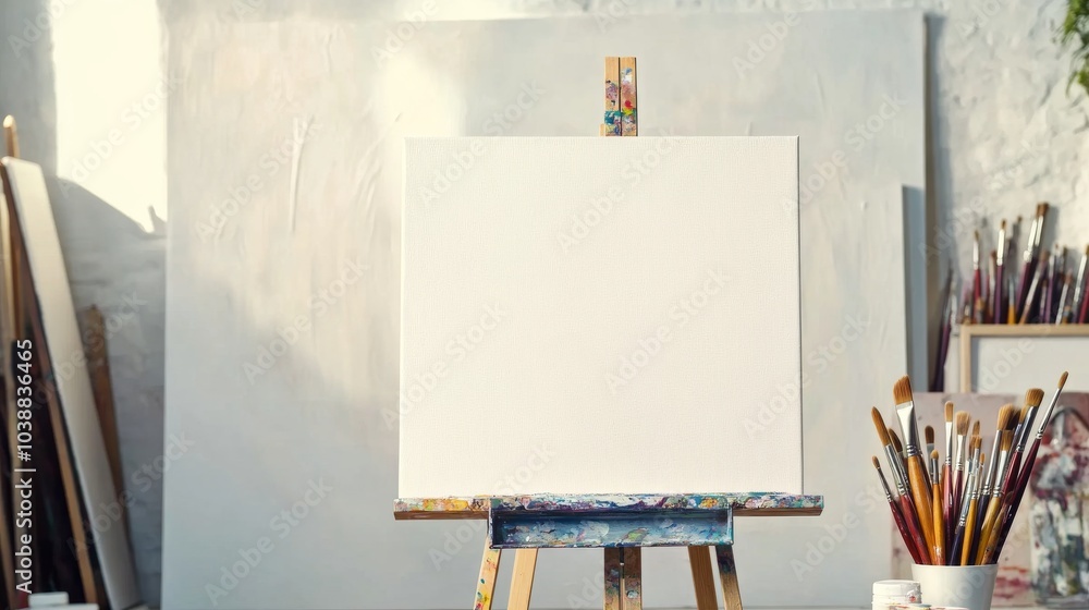 Poster An immaculate painting studio with a pristine canvas ready for creation, Paints and brushes neatly laid out, Artistic minimalist style