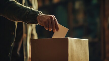 Hand putting vote into the ballot box composition background