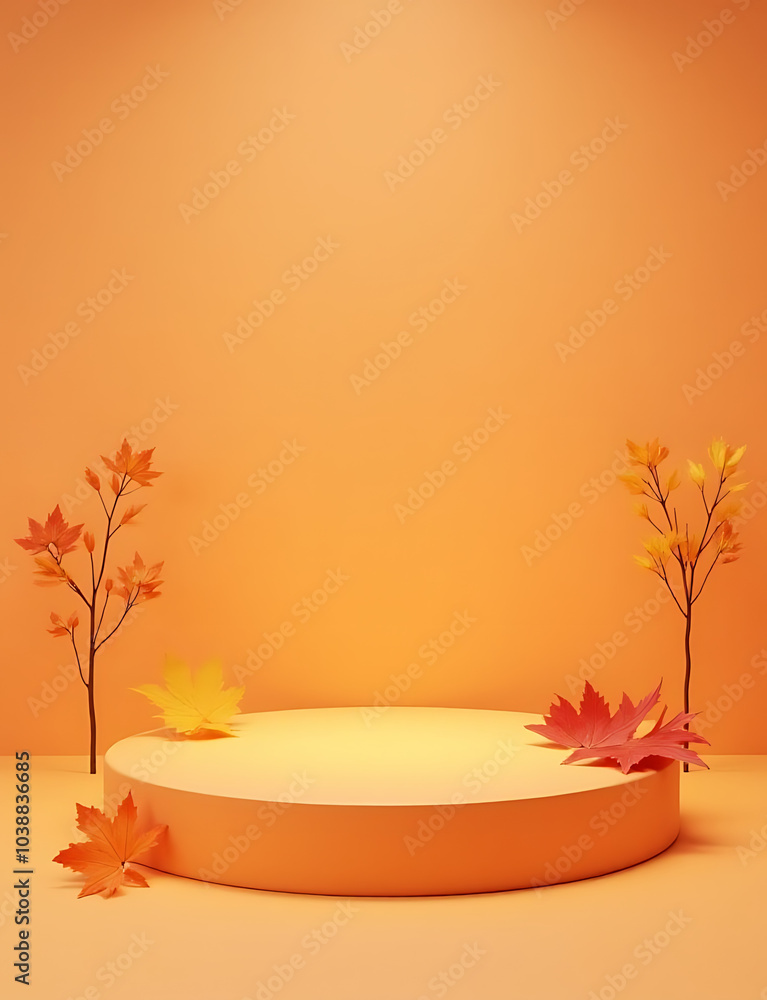 Poster A podium with autumn decorations is set in a simple background for product showcasing purposes on an orange display platform.