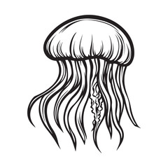 Black vintage silhouette jellyfish icon logotype and vector illustration, Jellyfish vector for logo or icon, coloring page for kids, line art, black and white