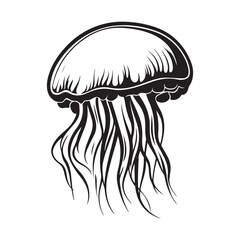 Black vintage silhouette jellyfish icon logotype and vector illustration, Jellyfish vector for logo or icon, coloring page for kids, line art, black and white