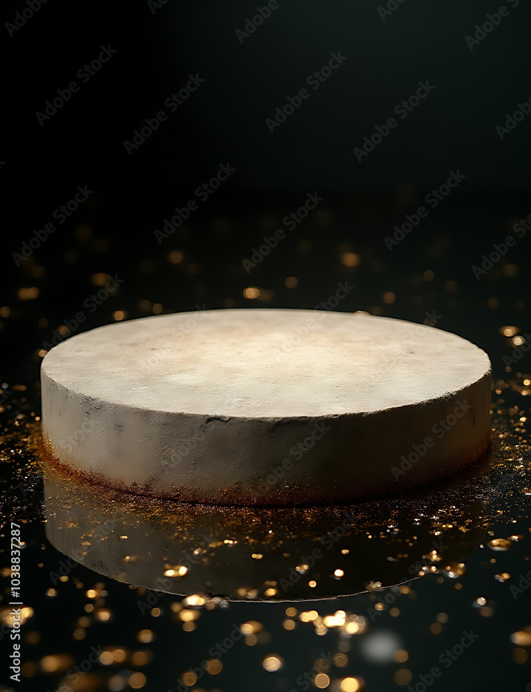 Poster A round stone podium partially submerged in dark water with shimmering gold glitter creates a unique and impressive product display setting.
