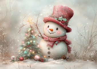 Obraz premium Adorable snowman with red top hat and scarf beside decorated Christmas tree in winter snow scene 