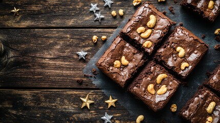 Naklejka premium Double chocolate brownies with peanut butter swirls, on a dark wooden table, surrounded by crushed peanuts and small decorative silver stars