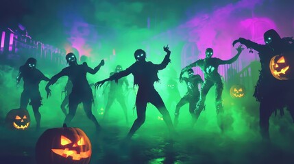 A neon horror scene of classic Halloween monsters dancing under bright, glowing green and purple lights, their silhouettes outlined in neon