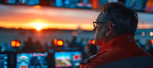 Fototapeta premium Air traffic controller oversees multiple screens in control tower at sunset, showcasing precision