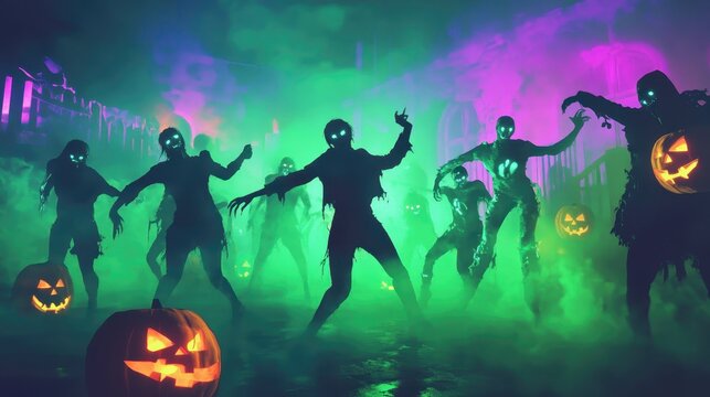 A neon horror scene of classic Halloween monsters dancing under bright, glowing green and purple lights, their silhouettes outlined in neon