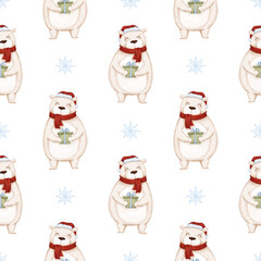 Seamless pattern with watercolor polar bear wearing a santa hat and scarf. White bear with a gift in watercolor technique on a white background. Winter pattern with animals