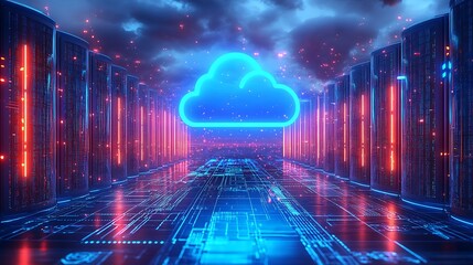 Obraz premium Futuristic Cloud Computing Network Servers. Digital illustration of cloud computing infrastructure with vibrant blue neon lights and futuristic data servers.
