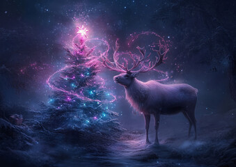 Majestic deer with glowing antlers admiring a magical illuminated Christmas tree in a snowy enchanted forest
